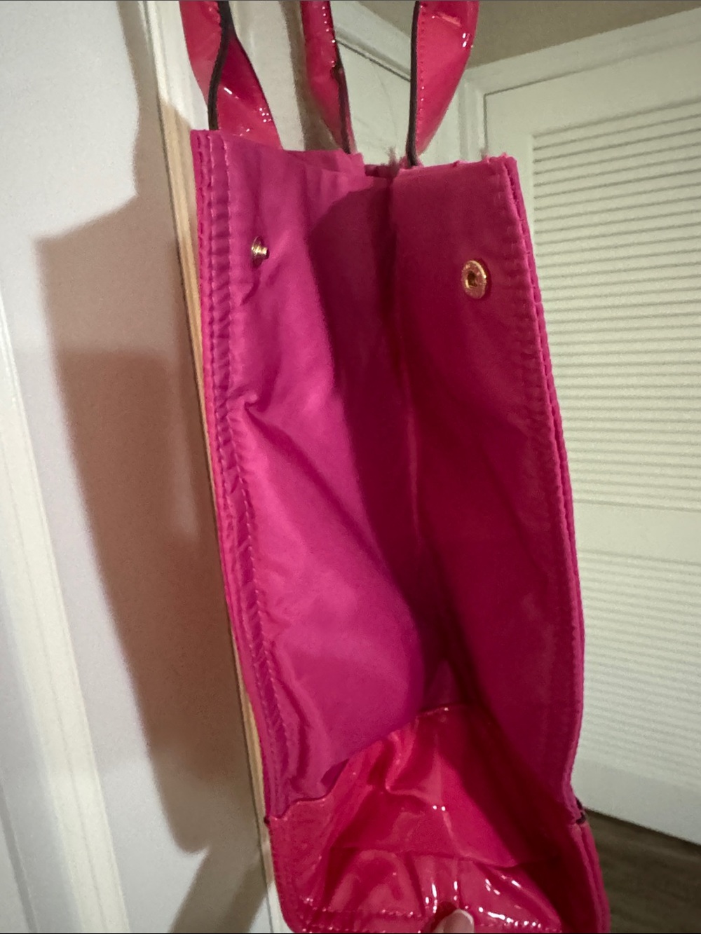 TB Vibrant Pink Logo Tote with Patent Accents - Picture 3 of 5